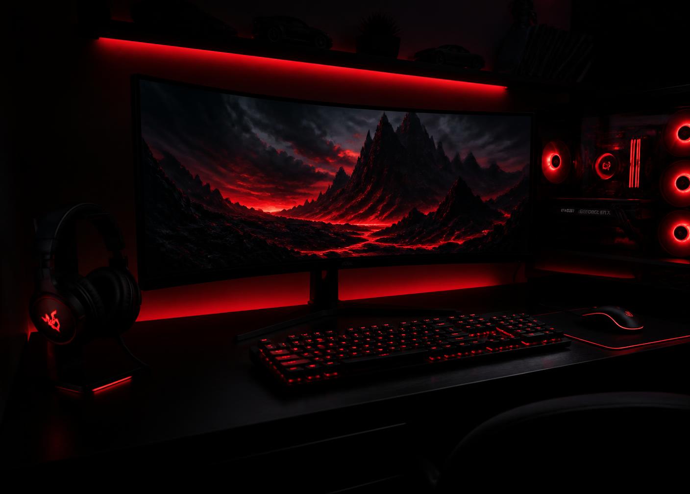 Setup gamer com iluminação vermelha